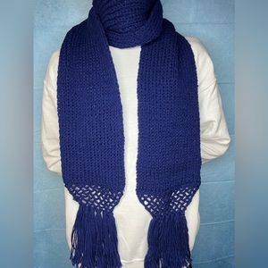 UNISEX Dark Blue Crochet Knitted Scarf with Fringe; Multiple Sizes